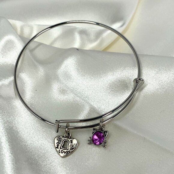 Cat Charm Bracelet Silver Finish Purple Crystal - Expands 2.75"- 3.5" NWOT - Picture 1 of 3